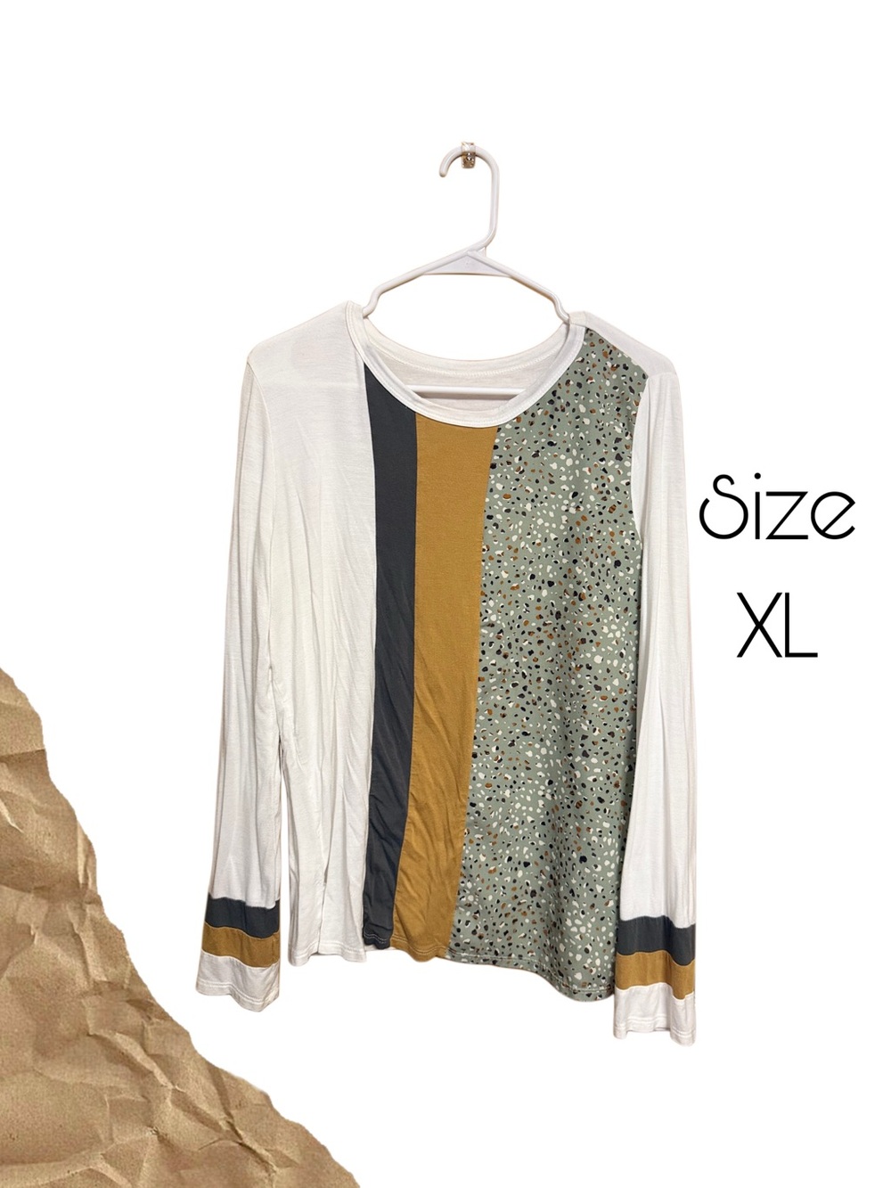 🤎✨ Soft Boho Chic Colorblock Blouse XL | Sage Animal Print Office Cozy Top ✨🤎